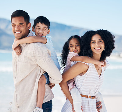 Buy stock photo Parents, children and beach portrait with piggy back, care and love with adventure, freedom or holiday in sunshine. Father, mother and daughter with son, smile or outdoor for summer vacation by ocean