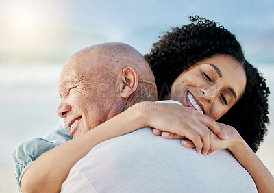 Buy stock photo Hug, beach and woman with her senior father on family vacation, holiday or adventure. Happy, smile and young female person from Mexico embracing her elderly dad with love by the ocean on weekend trip