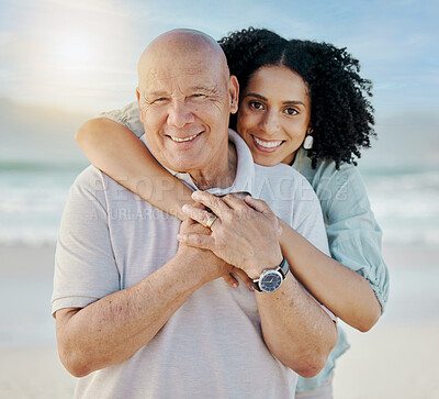 Buy stock photo Beach, portrait and woman with her senior father on a family vacation, holiday or adventure. Happy, smile and young female person embracing her elderly dad with love by the ocean on a weekend trip