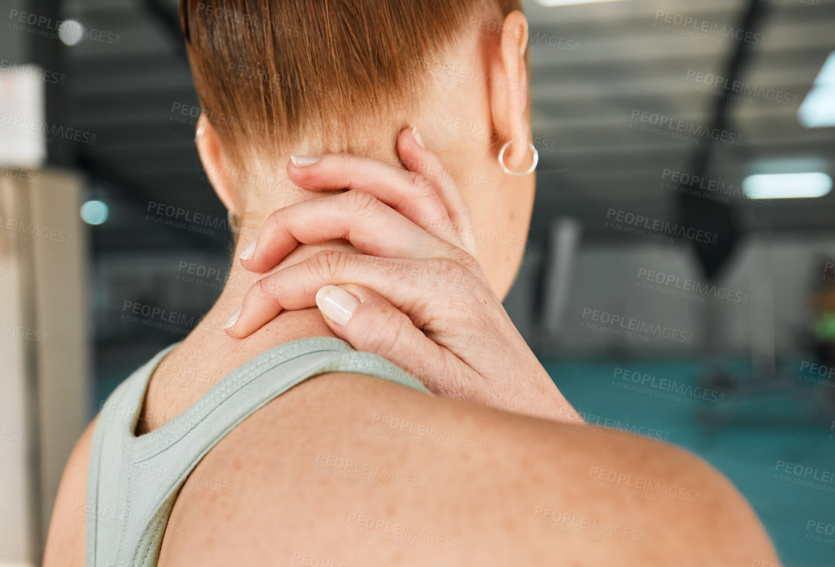 Buy stock photo Fitness, neck pain or woman gymnast with injury after exercise, training or workout accident emergency. Hand closeup, sports athlete or back of injured girl with muscle inflammation in gymnastics