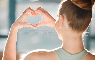 Buy stock photo Heart, hands and woman with emoji and support, health and wellness with back, sign and love with care. Charity, trust and review with feedback, opinion and icon with kindness, emotion and reaction