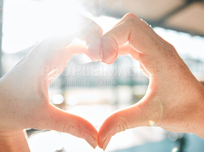 Buy stock photo Health, heart and support with hands of person for motivation, thank you and kindness. Love, mindfulness and wellness with closeup of woman and gesture for emoji icon, respect and care sign