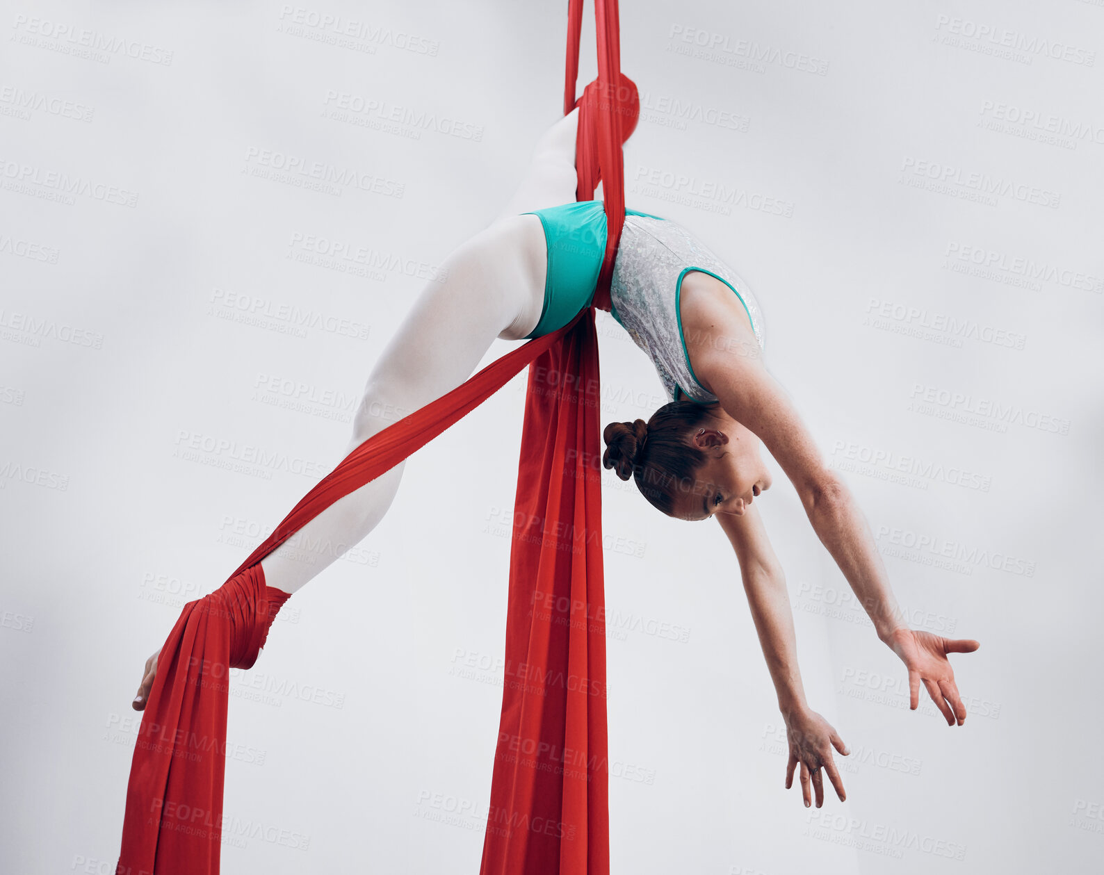 Buy stock photo Aerial, woman gymnast and fitness performance with stretching, flexibility and athlete with white background. Workout, exercise and gymnastics with balance, art and dance with acrobat competition