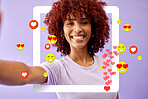 Selfie of happy woman influencer, social media and emoji in studio to like, subscribe and review. Frame, photography and girl on live stream with purple background with notification icon on video app