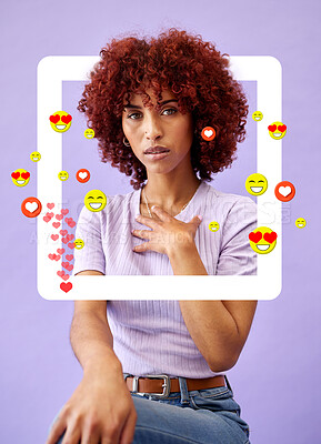 Buy stock photo Portrait of woman influencer, social media and emoji in studio to like, subscribe and review. Frame, face and streamer girl on purple background with notification icon overlay, opinion and networking