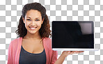 Woman with laptop mockup, tech and portrait with internet connection, wifi and wireless connection against studio background. Website, digital and pc with marketing and technology product placement isolated on a png background