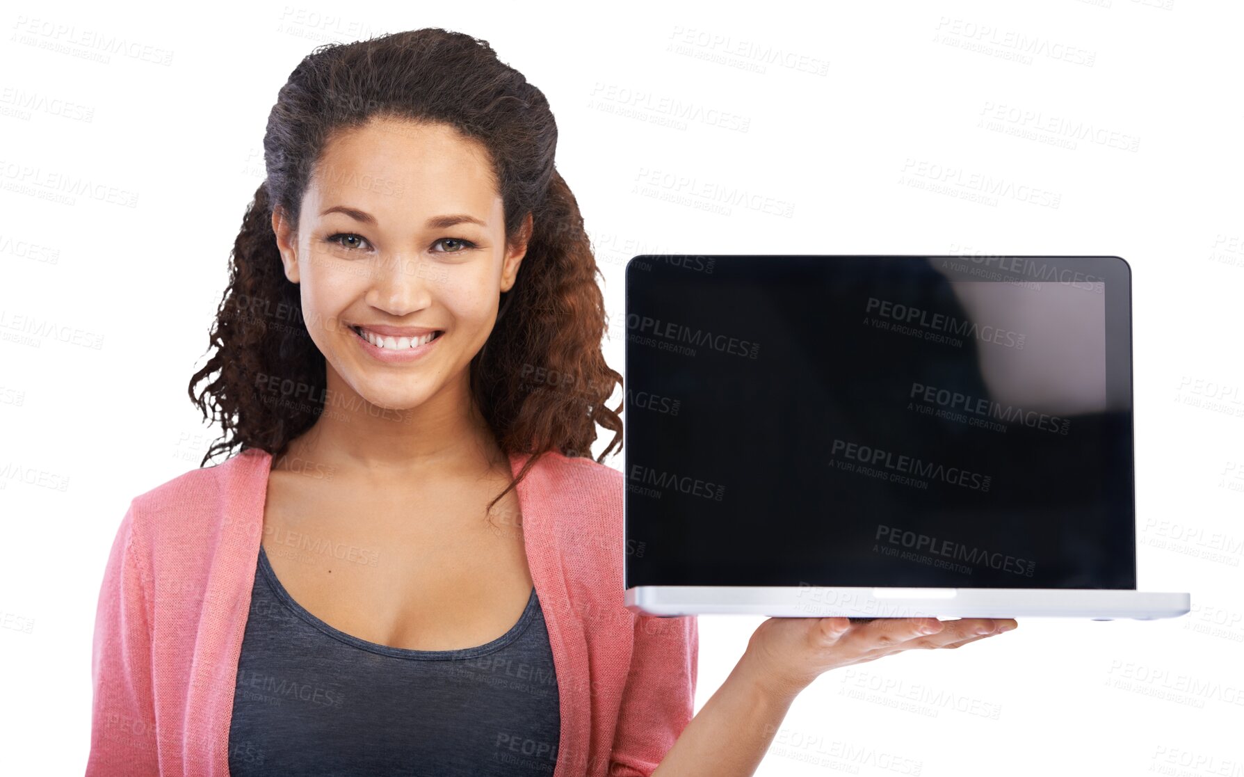 Buy stock photo Laptop screen, space and woman portrait isolated on transparent, png background of university, website mockup. Happy, biracial person or student on computer mock up, college application or promotion