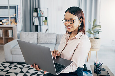 Buy stock photo Business woman, laptop and office with email, reading info and corporate report at a law firm. Lawyer, attorney and computer of a working employee with technology and professional review on app