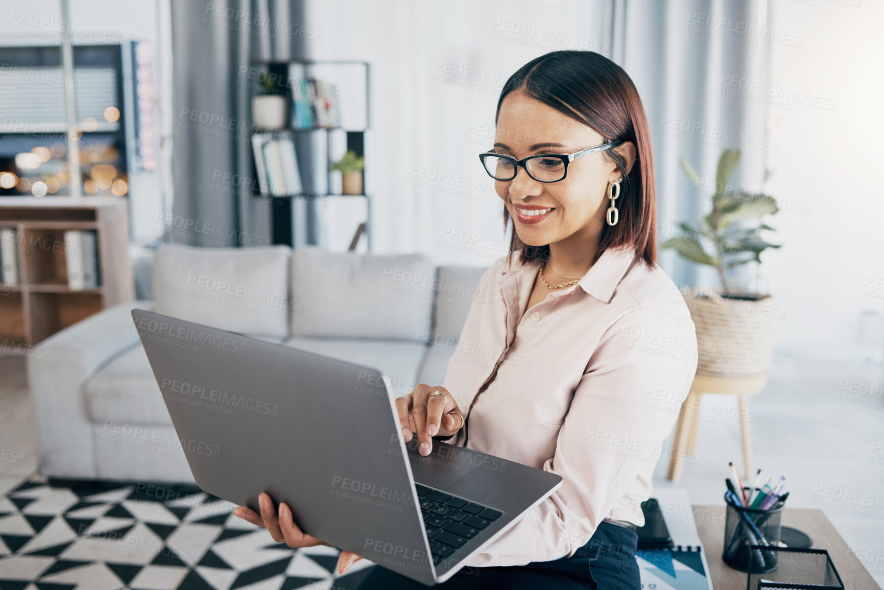 Buy stock photo Business woman, laptop and office with email, reading info and corporate report at a law firm. Lawyer, attorney and computer of a working employee with technology and professional review on app