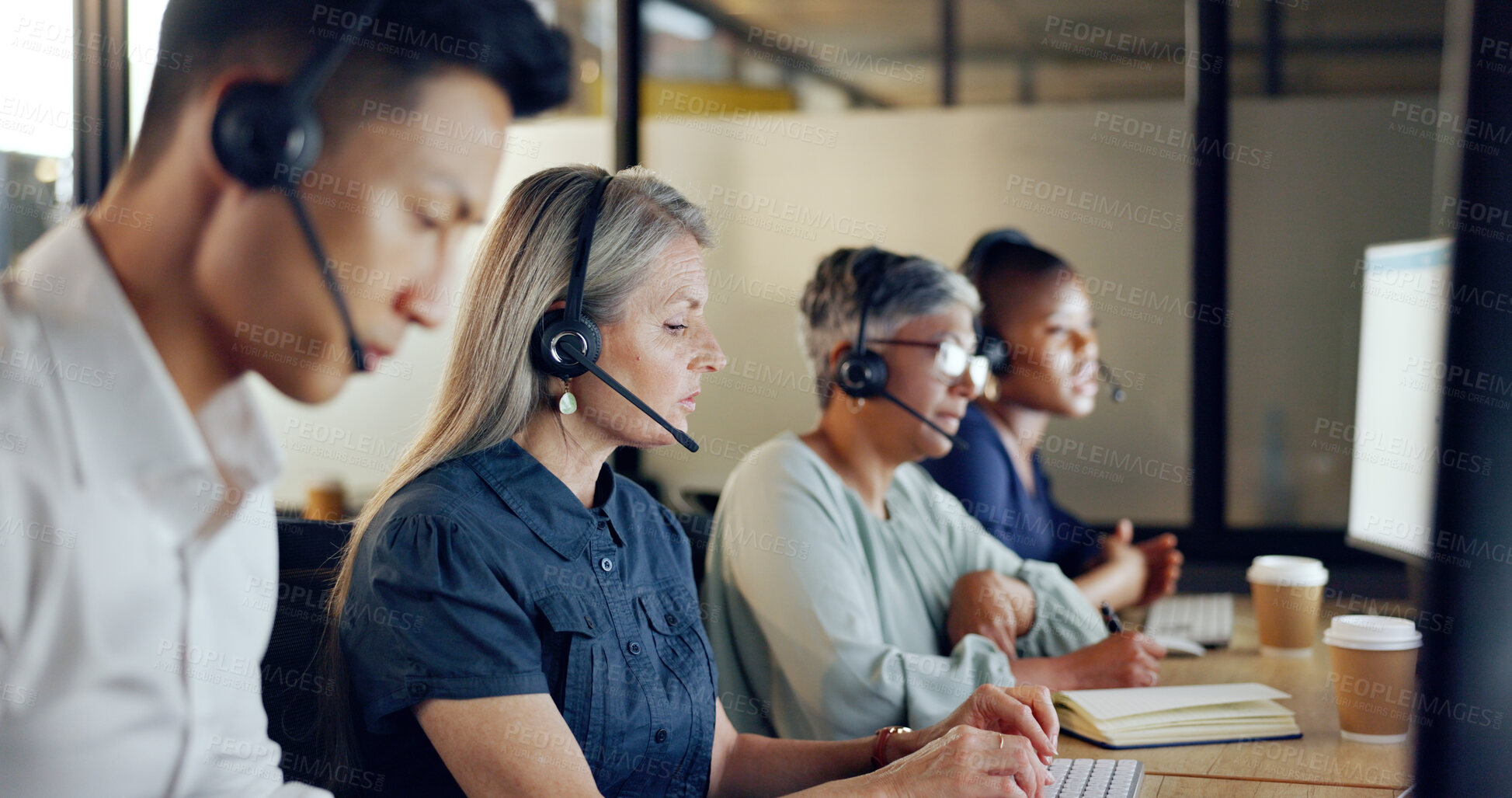 Buy stock photo Call center, group and man with telemarketing, connection and telecom sales with conversation, planning and customer service. Staff, workers and employees with tech support, headphones and help desk