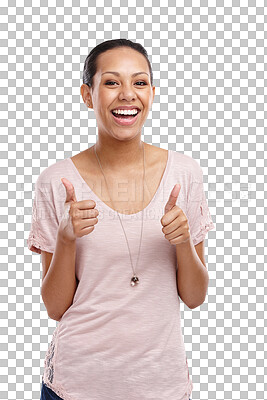 Buy stock photo Portrait, excited and woman with thumbs up isolated on a transparent png background. Like emoji, hand gesture and female person with agreement, approval or winning, success or ok, review and vote.