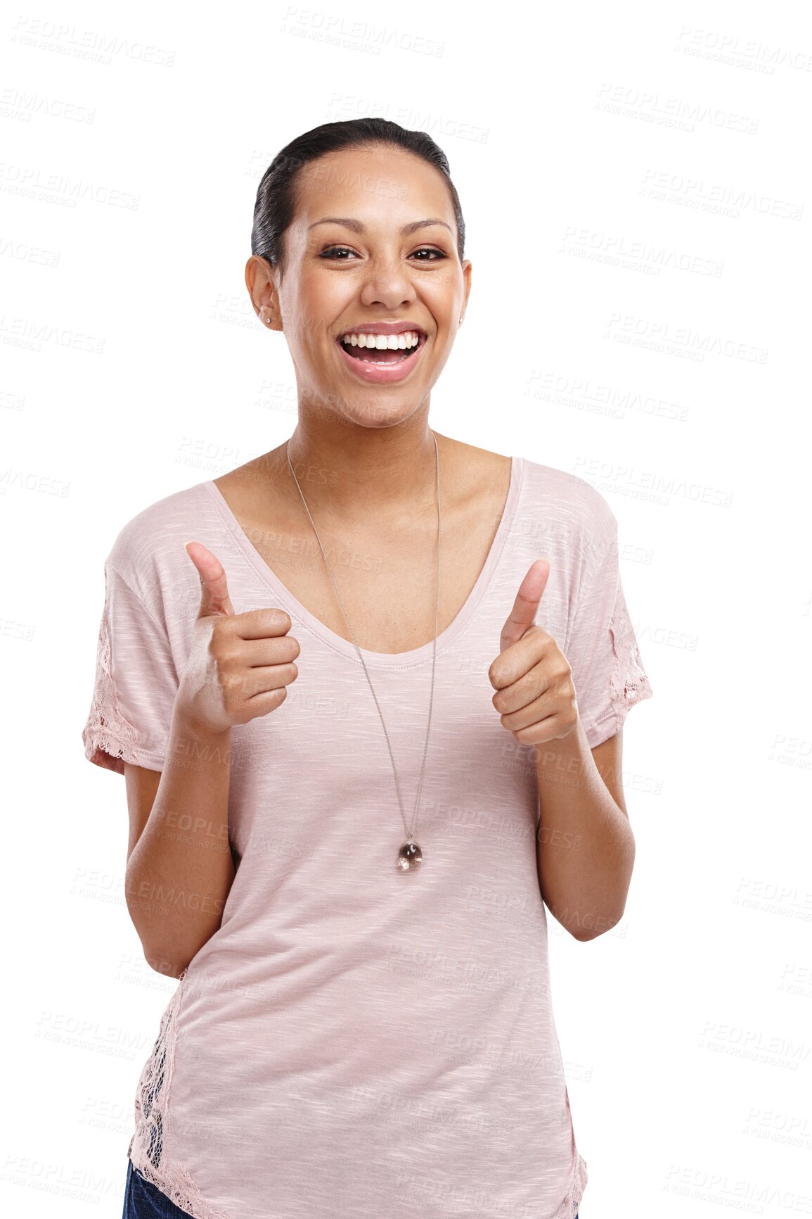 Buy stock photo Portrait, excited and woman with thumbs up isolated on a transparent png background. Like emoji, hand gesture and female person with agreement, approval or winning, success or ok, review and vote.