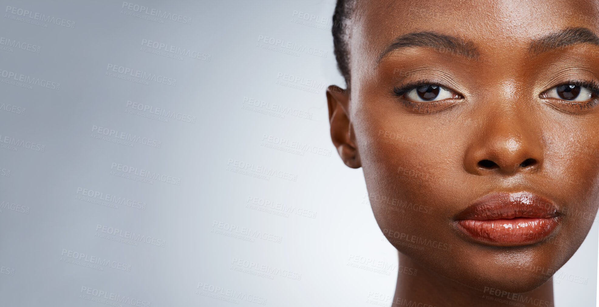 Buy stock photo Portrait of black woman, natural beauty or mockup space for wellness in studio with cosmetics or glow. Dermatology, face or confident African girl model with skincare results on white background 