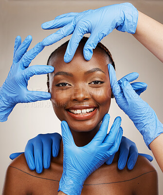 Buy stock photo Portrait, hands and plastic surgery with a black woman patient in studio on a gray background for cosmetic change. Face, beauty and transformation with a young model getting ready for derma treatment