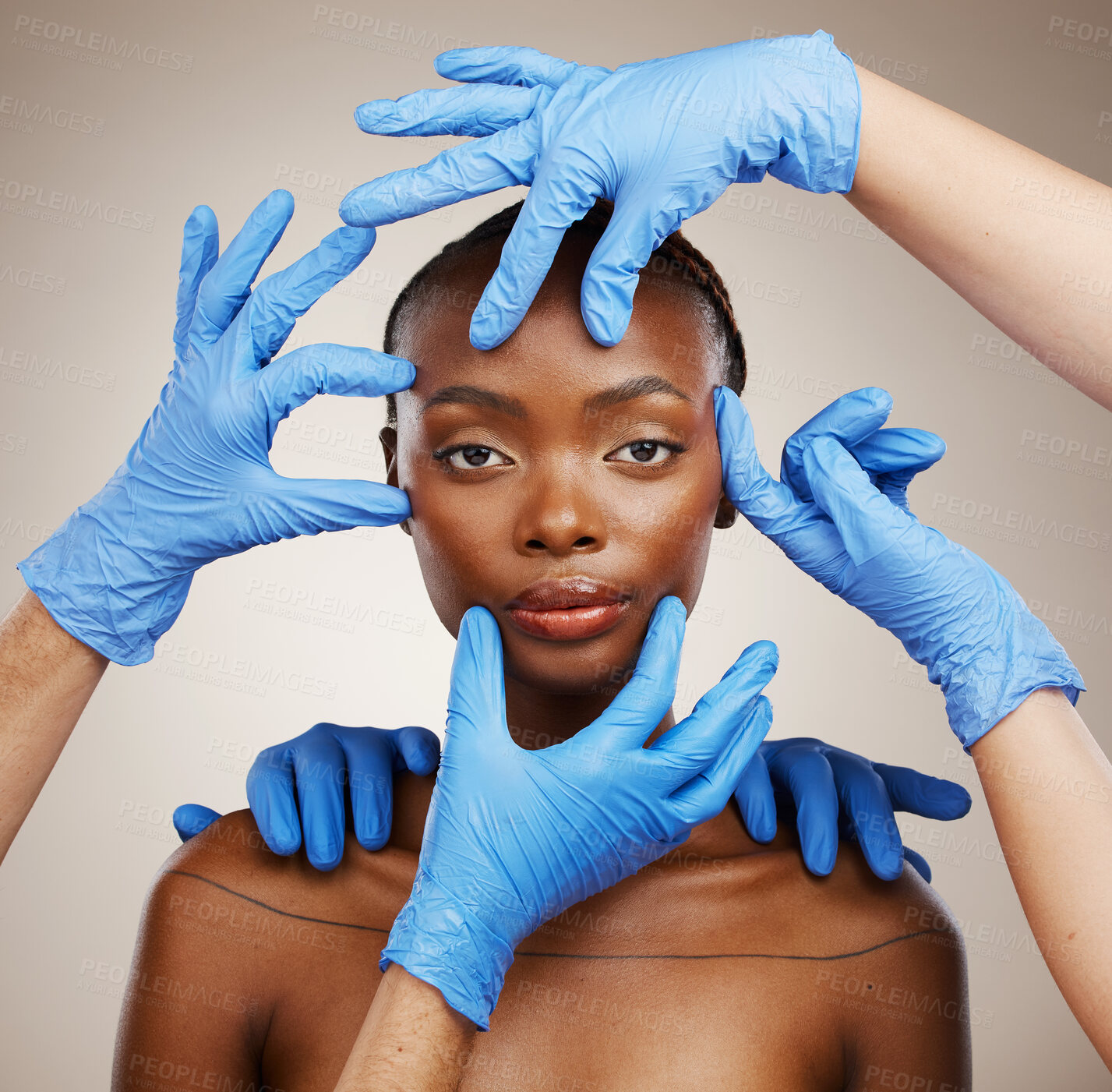 Buy stock photo Portrait, hands and plastic surgery for change with a black woman patient in studio on a gray background for cosmetics. Face, beauty transformation and a young model getting ready for derma treatment