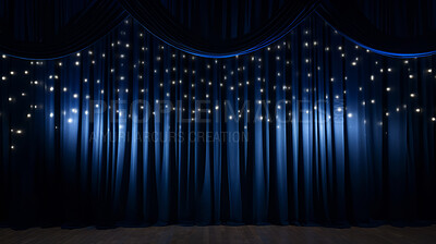 Buy stock photo Empty theater stage with blue velvet curtains. Spotlight showtime copy space