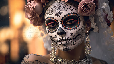 Buy stock photo Woman with day of the dead skull makeup and costume. Mexican tradition art.