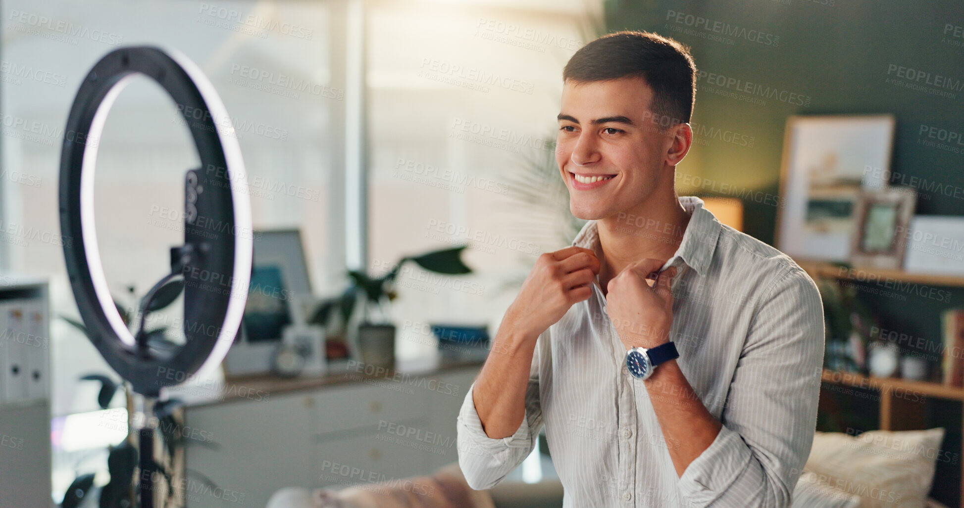 Buy stock photo Happy man, vlog and recording with ring light in online streaming, virtual meeting or presentation at home. Male person, vlogger or influencer with smile for live show, blog or communication at house