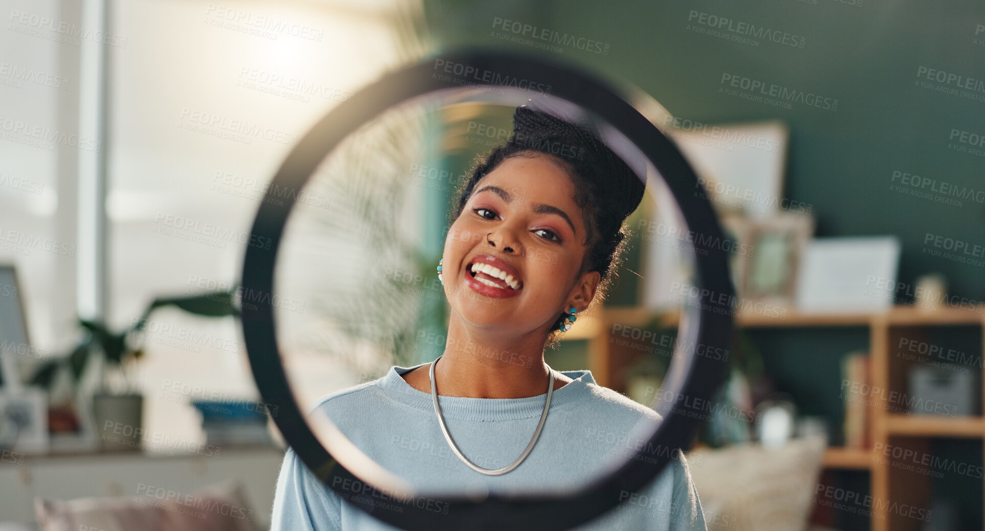 Buy stock photo Girl, influencer and home with ring light for social media or online vlog and live streaming. Woman, content creator and podcast as university student for educational talk and motivation for gen z