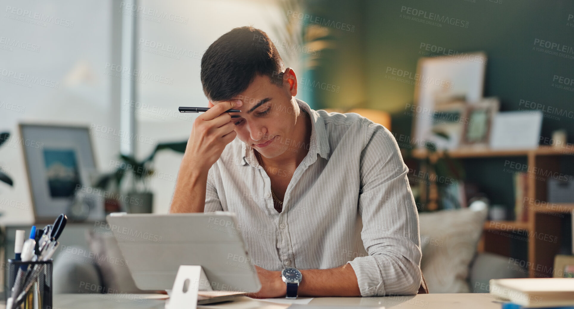 Buy stock photo Stress, tablet and thinking with business man in office for problem solving or project management solution. Administration, burnout and compliance with employee at desk in workplace for planning