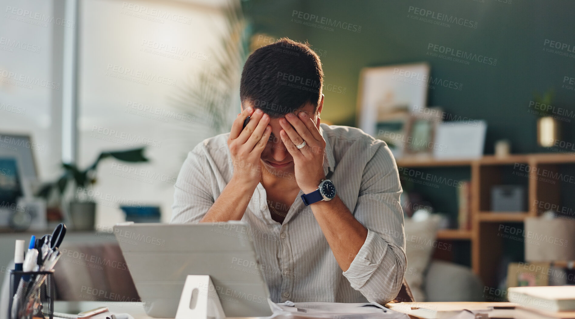 Buy stock photo Headache, stress and businessman with tablet in office for internet error, project disaster and frustrated for brain fog. Male person, migraine pain and digital tech for 404 glitch and email mistake