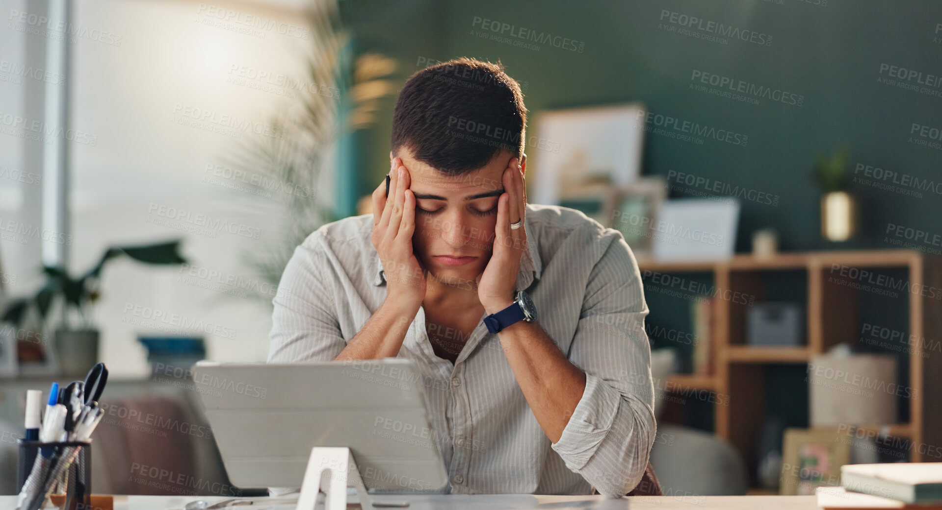 Buy stock photo Headache, stress and tired businessman with tablet for internet error, project deadline and frustrated for brain fog. Male person, migraine pain and tech in office for 404 glitch and email mistake