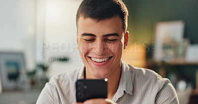 Buy stock photo Smartphone, laugh and happy man in office for social media, message and meme for fun. Male person, technology and smile on internet for mobile app, funny video and comedy in workplace on web