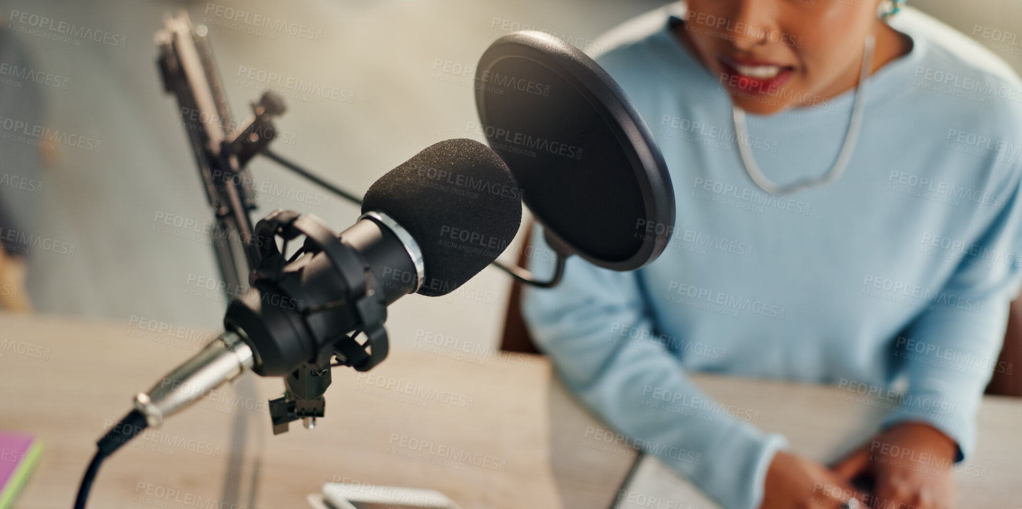 Buy stock photo Podcast, presenter and radio talk show with microphone and reporter woman with live streaming at desk. Content creator, speaker and recording studio with influencer, broadcast and dj with tech