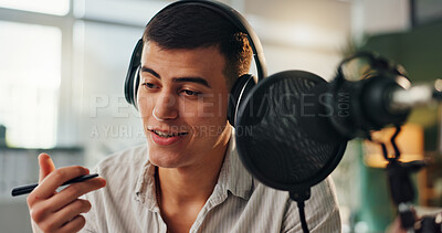 Buy stock photo Podcast, presenter and radio show host with man speaking about public relations and live streaming. Recording, microphone and headphone with interview discussion, audio and dj hosting in home studio