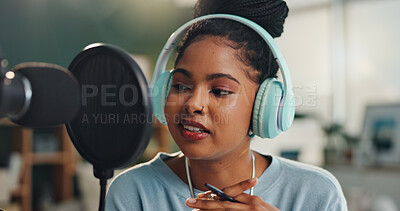 Buy stock photo Podcast, presenter and talk show on radio with microphone and reporter woman with live streaming. Content creator, speaker and recording studio with influencer, broadcast and dj with sound production