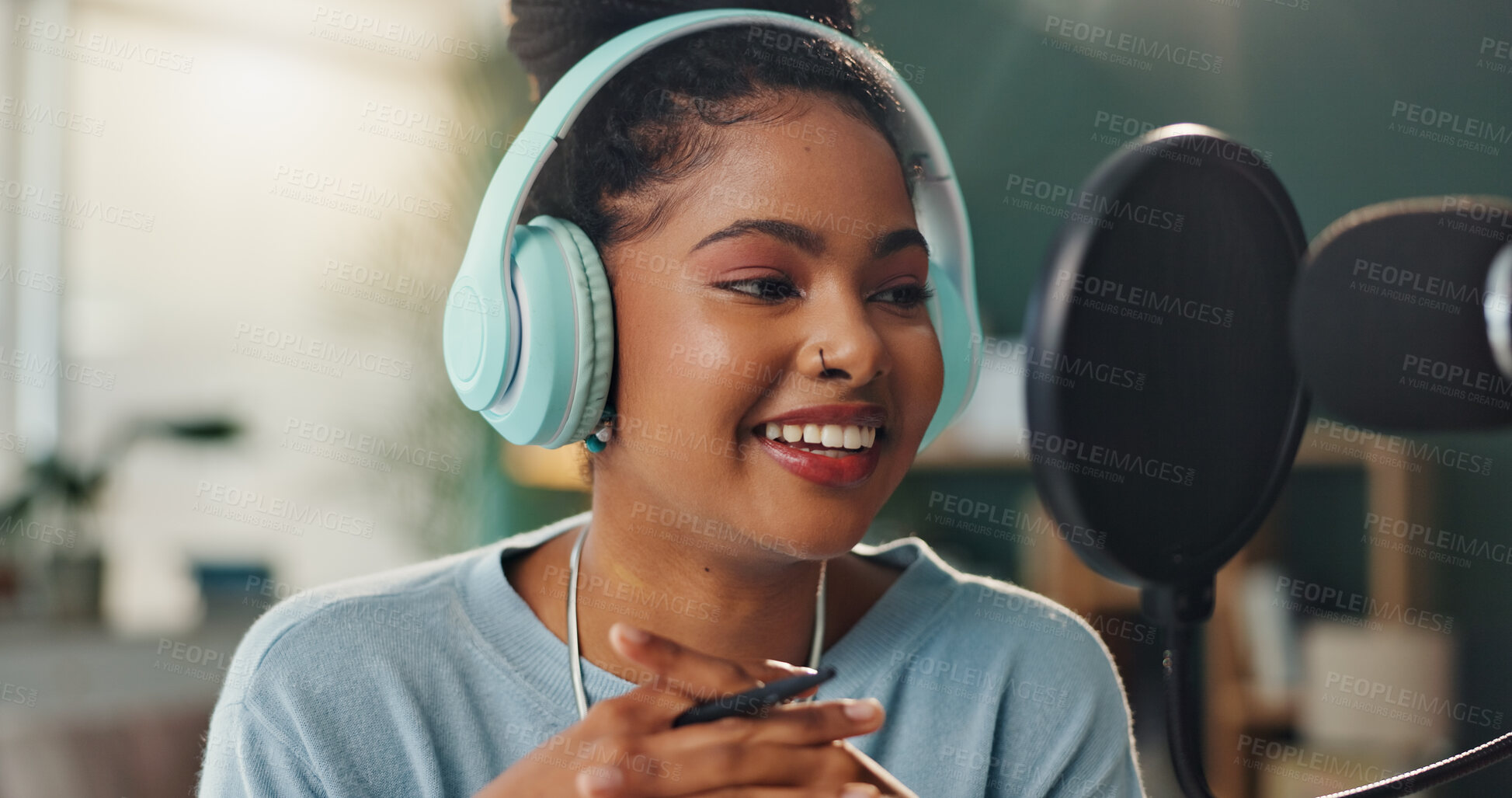 Buy stock photo Podcast microphone, headphones and black woman speaking for broadcast with audio recording and hosting talk show. Gen z, African girl and radio dj with virtual chat in home studio for announcement