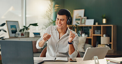 Buy stock photo Laptop, headphones and man with dance in home for digital audio, entertainment and study break. Happy, student and notebook with technology by desk for music, streaming service or online subscription