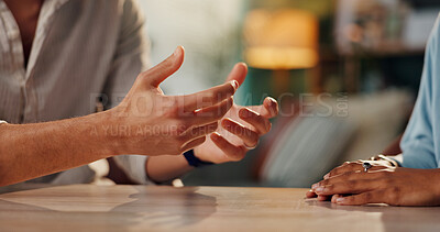 Buy stock photo Couple, hands and dispute with anxiety, stress and drama at home or apartment. Frustrated, woman and man with argument, angry and fight with toxic marriage and mistake or crisis with partner