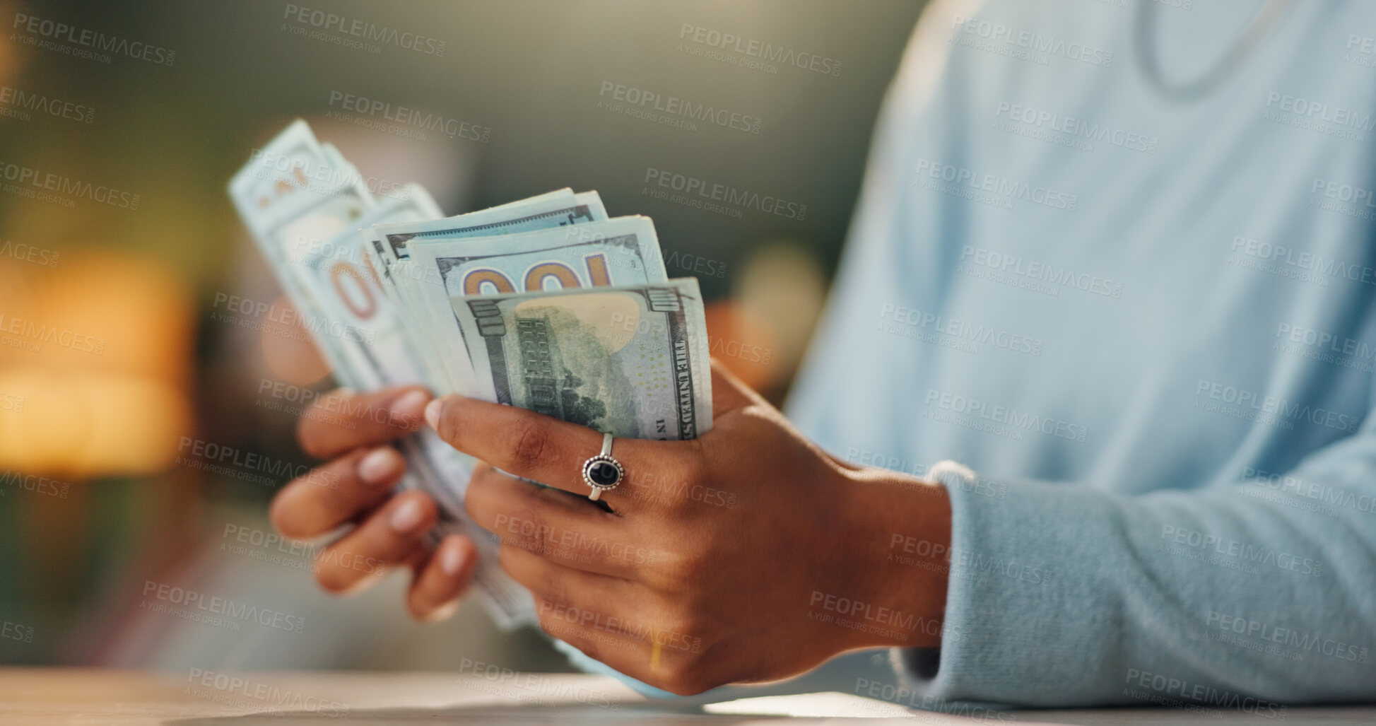 Buy stock photo Money, hands or girl in house with investment growth, bonus or loan payment, planning or financial freedom. Cash, security and person counting cashback, profit or salary, savings or budget at home