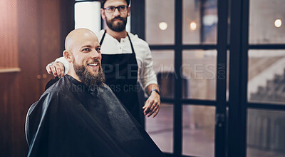 Buy stock photo Barber, client or smile in barbershop for service, grooming or styling in industry. Person, customer or happy in small business for facial, hair care or entrepreneur in hairdresser with satisfied man