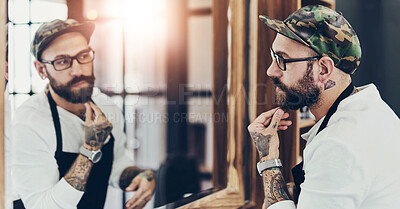 Buy stock photo Man, mirror and beard in barbershop for grooming, maintenance and hair care. Barber, glasses and reflection in salon for styling, facial and entrepreneur on business owner in hairdresser for service