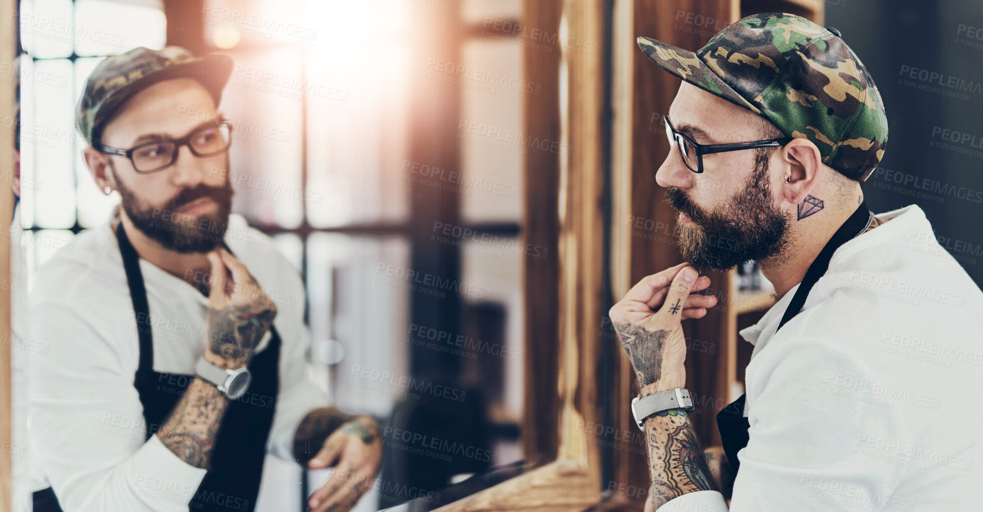 Buy stock photo Man, mirror and beard in barbershop for grooming, maintenance and hair care. Barber, glasses and reflection in salon for styling, facial and entrepreneur on business owner in hairdresser for service