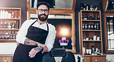 Buy stock photo Man, barber and smile in hair salon for portrait, professional and pride in startup. Hairstylist, happy and confident in barbershop for styling service with entrepreneur or business owner in industry