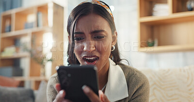 Buy stock photo Woman, face and shock in home with phone for fake news, online scam and rejection notification from university. Frustrated girl, wtf and fear for mobile hacking, phishing email and breakup message