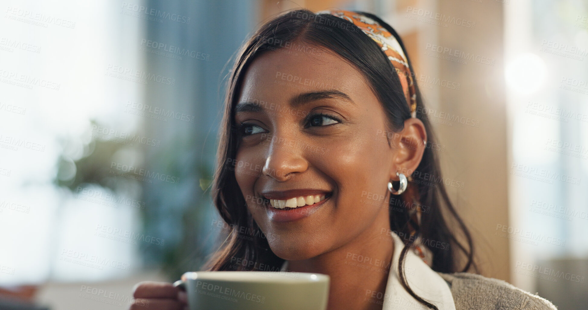 Buy stock photo Smile, coffee and indian woman for drink in home, relax and weekend for rest and break. Living room, matcha or calm in lounge for thinking person, chai tea or traditional beverage in morning in house