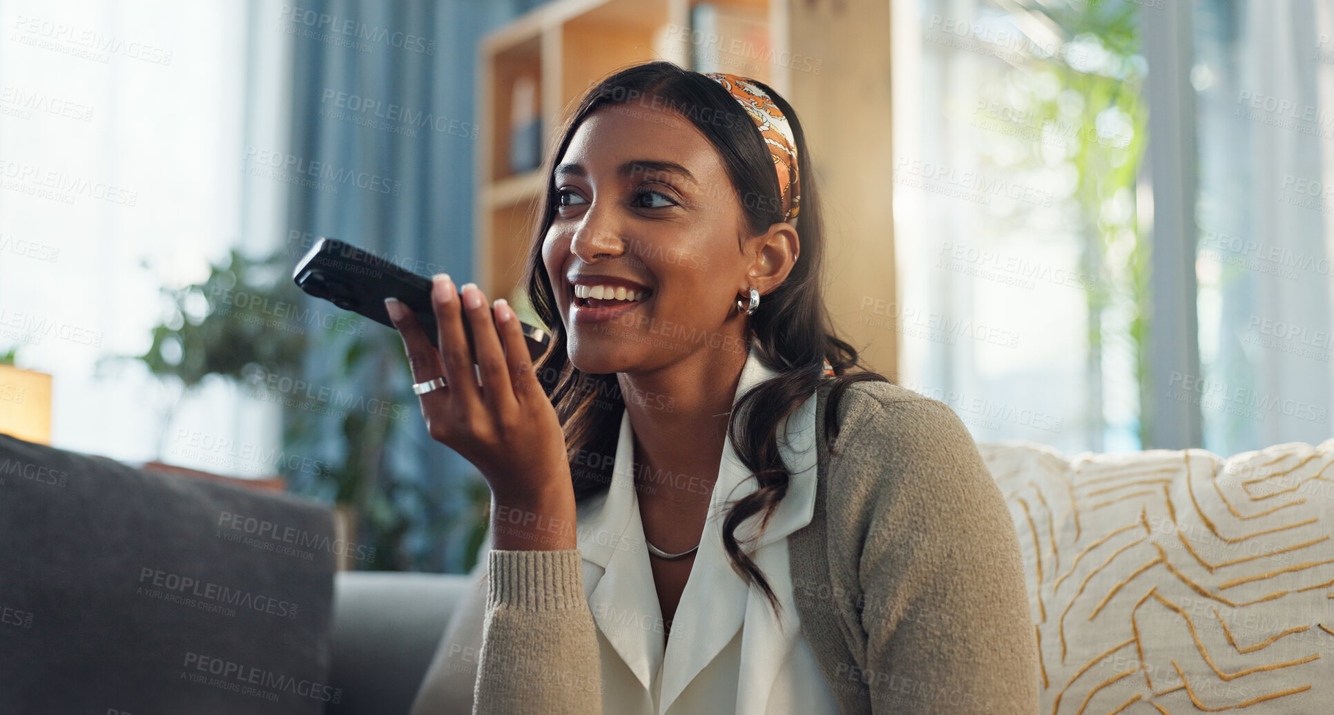 Buy stock photo Woman, speaker and smartphone in home for discussion, smile and voice note in living room. Communication, social media and technology for announcement, mobile app and happy female person in lounge 