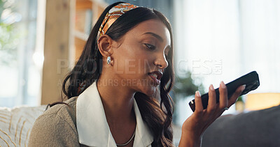 Buy stock photo Cellphone, speaker and indian woman in home, sofa and communication or talking n lounge. Gossip, conversation and internet for networking online, female person and mobile discussion on phone call