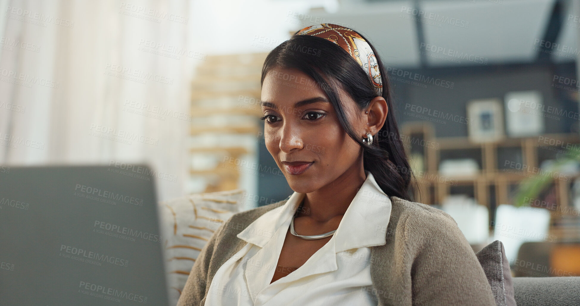 Buy stock photo Woman, laptop and reading in home office for research, email and digital report on couch. Remote work, female journalist and internet for creativity, online and feedback for blog in living room