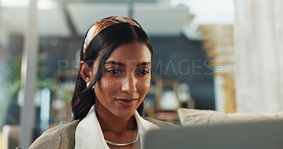 Buy stock photo Woman, laptop and smile in living room for reading, email and digital report on couch. Remote work, female journalist and internet for research, online and feedback for creativity or blog in lounge