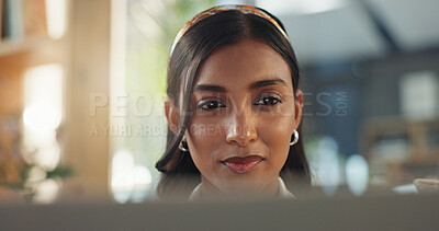 Buy stock photo Businesswoman, laptop and blog in living room for reading, email and digital report on couch. Remote work, female journalist and internet for article, online and networking for feedback and research