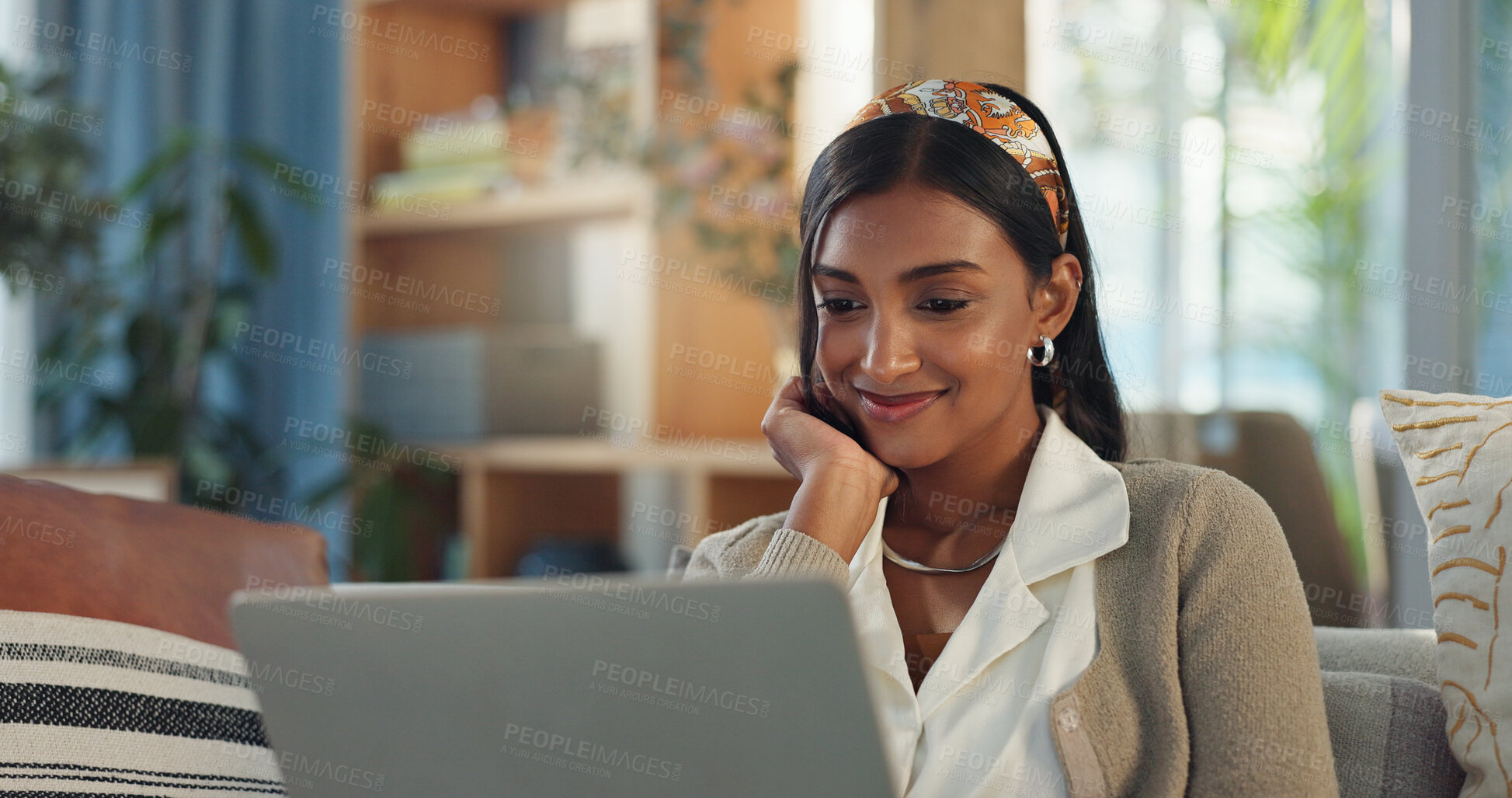 Buy stock photo Woman, laptop and blog on sofa for reading, email and digital report in home for business. Remote work, female journalist and internet for article, online or network for feedback or research on couch