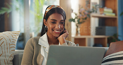 Buy stock photo Woman, laptop and happy in lounge for blog, reading and email or digital report in home. Remote work, female journalist and internet for article, online or network for feedback or research with smile