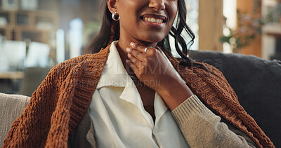 Buy stock photo Sick girl, hands and throat with infection, pain or virus on sofa in living room at home. Woman with illness, cold or flu for sore neck, disease or acid from thyroid inflammation or respiratory ache