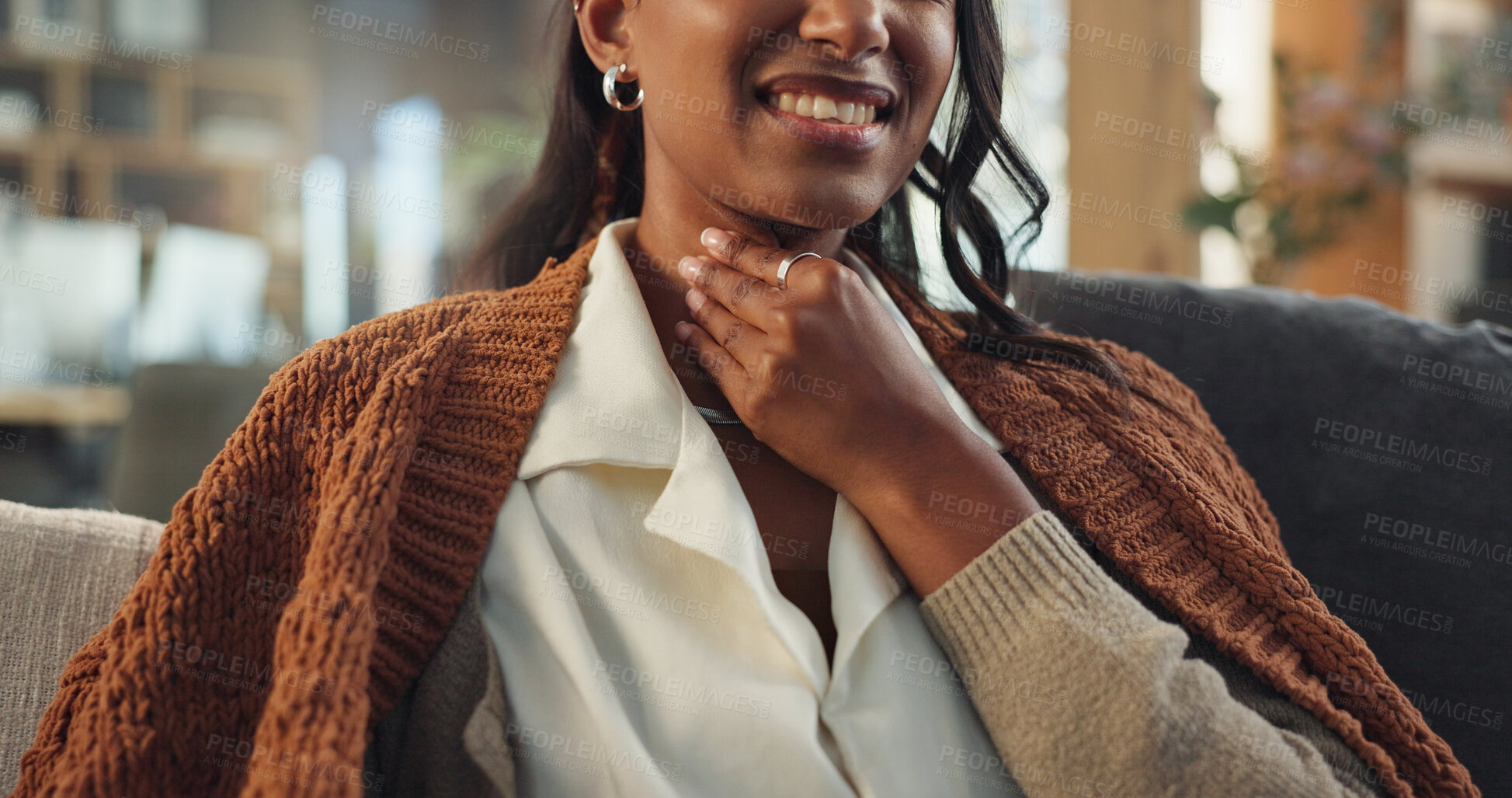 Buy stock photo Sick girl, hands and throat with infection, pain or virus on sofa in living room at home. Woman with illness, cold or flu for sore neck, disease or acid from thyroid inflammation or respiratory ache