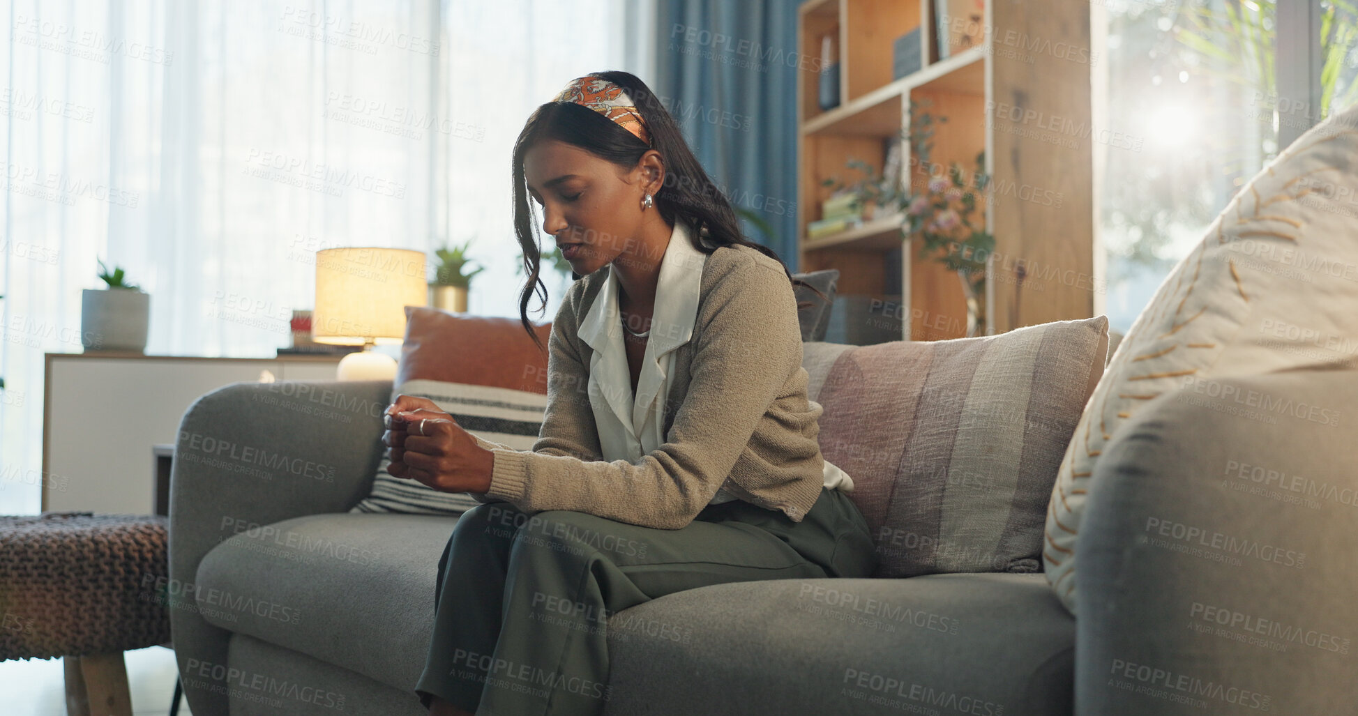 Buy stock photo Frustrated girl, nervous and sofa with stress for burnout, mistake or crisis at home. Worried woman, fatigue and anxiety or depression from pressure, bad news and headache in house living room